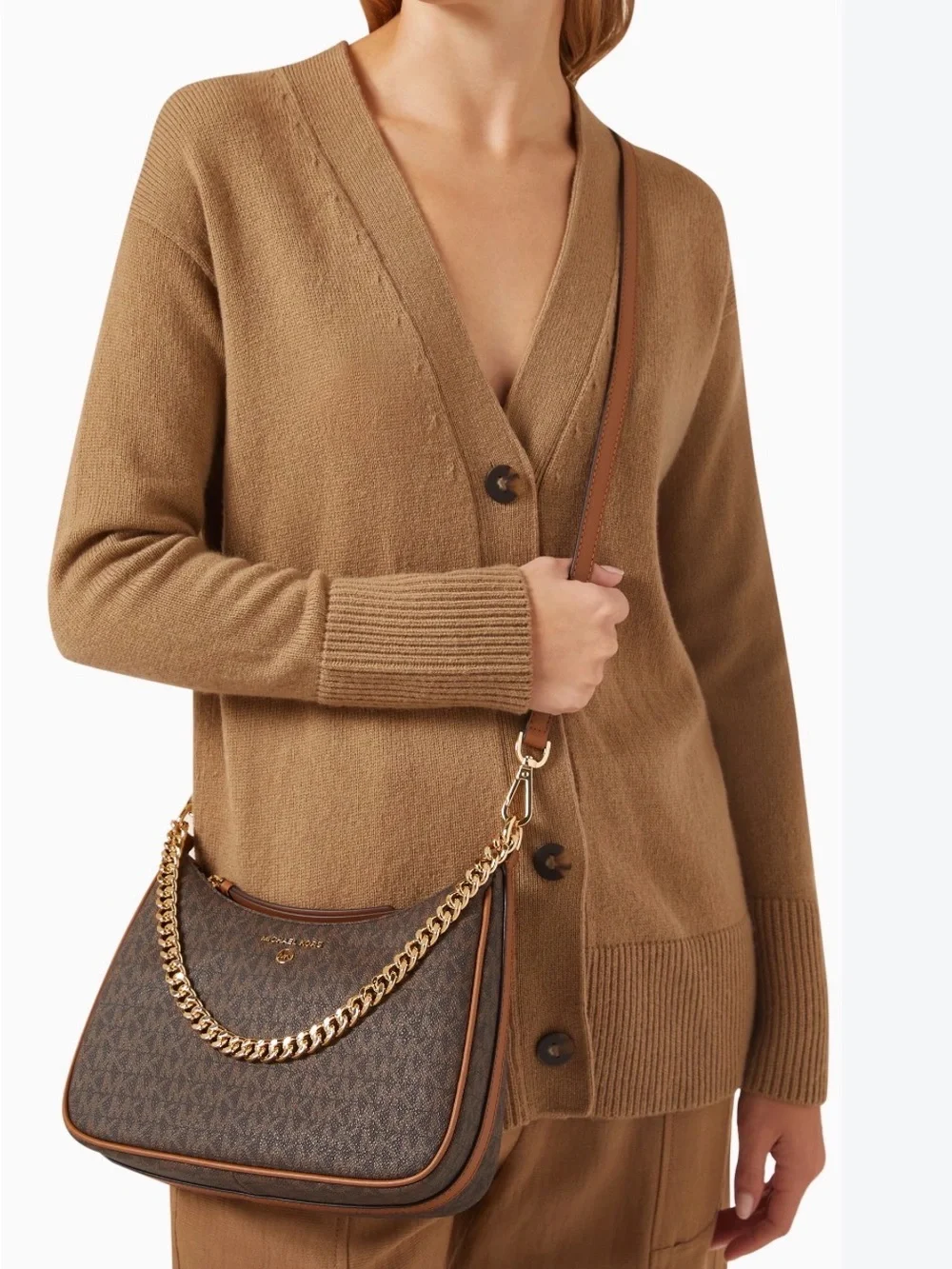 Michael Kors Brown Monogram Chain-Trim Shoulder Bag